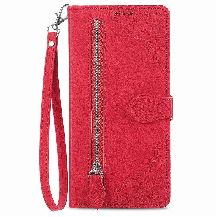 For OnePlus Nord CE4 5G Wallet Case Zipper Folio Leather Phone Cover Imprinted Floral - Red