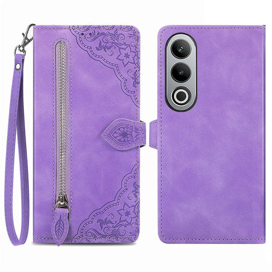 For OnePlus Nord CE4 5G Wallet Case Zipper Folio Leather Phone Cover Imprinted Floral - Light Purple