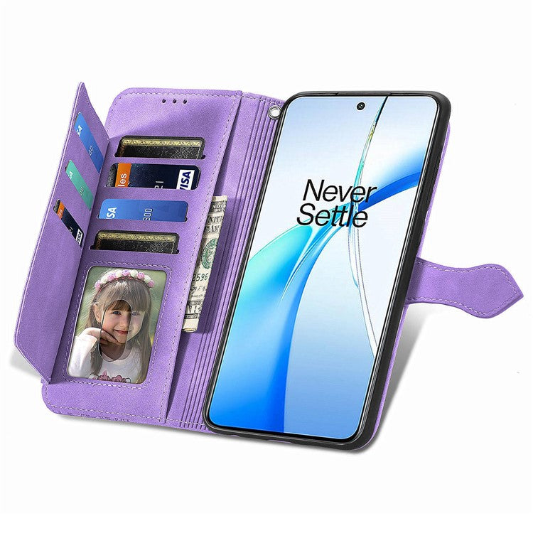 For OnePlus Nord CE4 5G Wallet Case Zipper Folio Leather Phone Cover Imprinted Floral - Light Purple