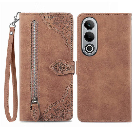 For OnePlus Nord CE4 5G Wallet Case Zipper Folio Leather Phone Cover Imprinted Floral - Brown