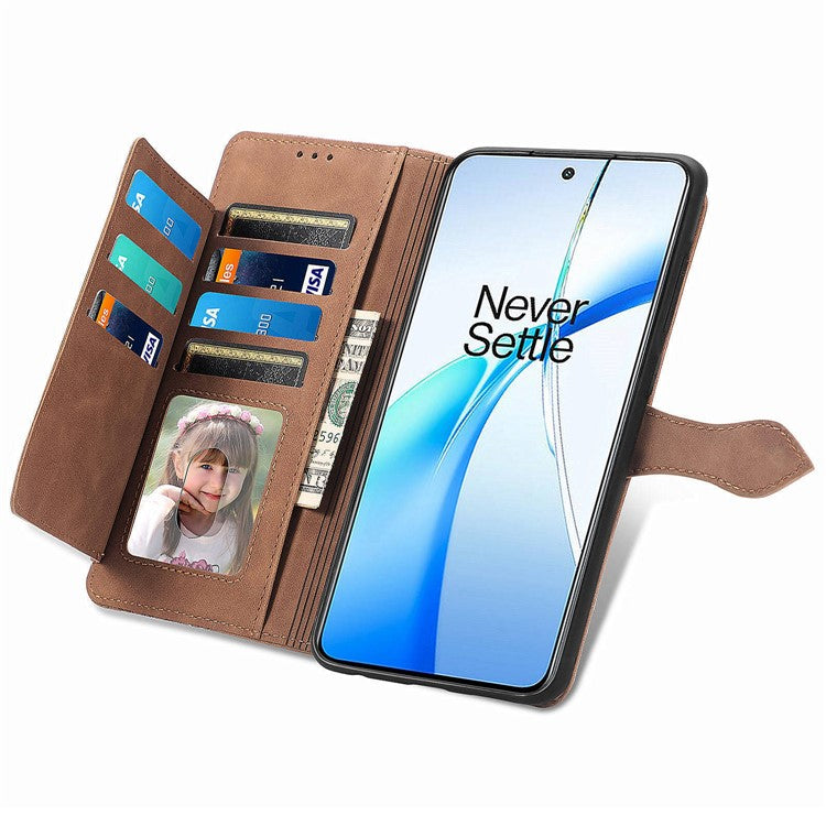 For OnePlus Nord CE4 5G Wallet Case Zipper Folio Leather Phone Cover Imprinted Floral - Brown