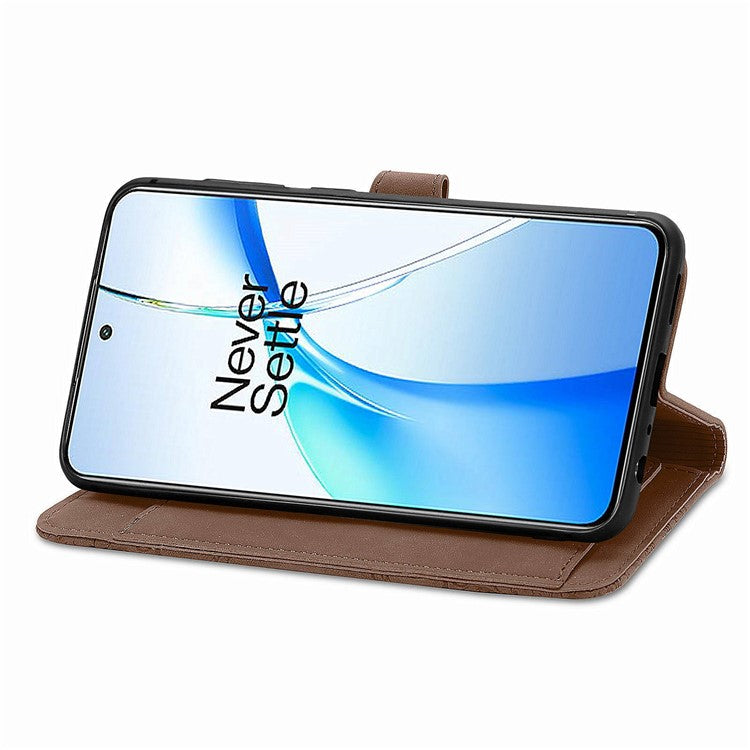 For OnePlus Nord CE4 5G Wallet Case Zipper Folio Leather Phone Cover Imprinted Floral - Brown