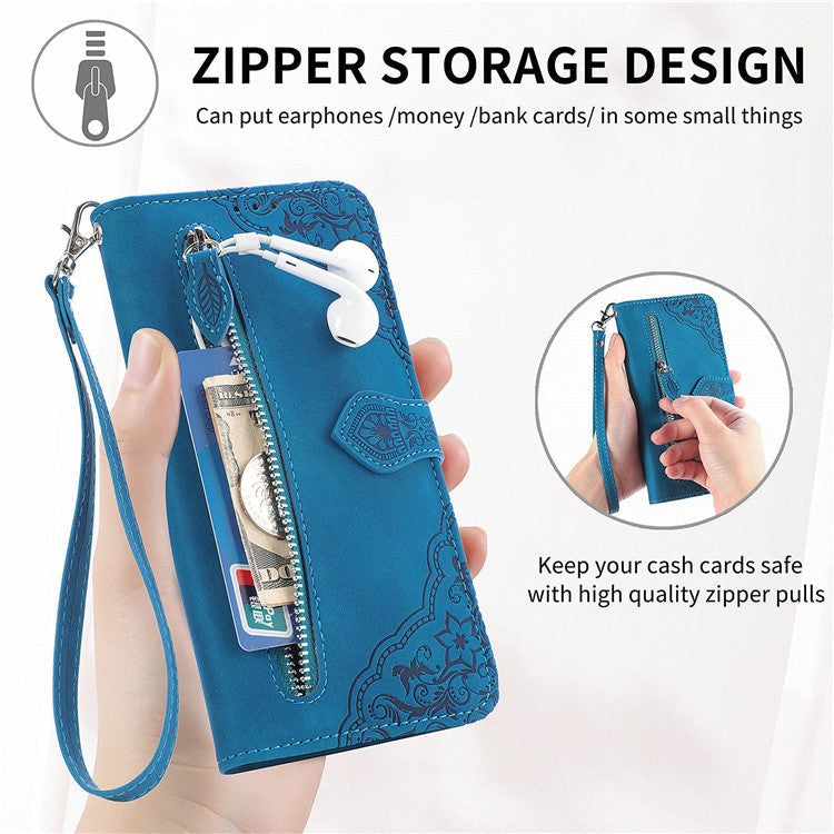 For OnePlus Nord N30 SE 5G Case Leather Floral Phone Cover Zipper Cash Pocket - Blue