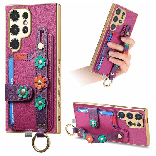 W2 Series For Samsung Galaxy S23 Ultra Case 3D Flower Leather Phone Back Cover Wristband Kickstand - Purple