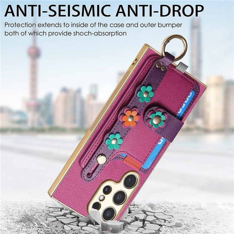 W2 Series For Samsung Galaxy S23 Ultra Case 3D Flower Leather Phone Back Cover Wristband Kickstand - Purple