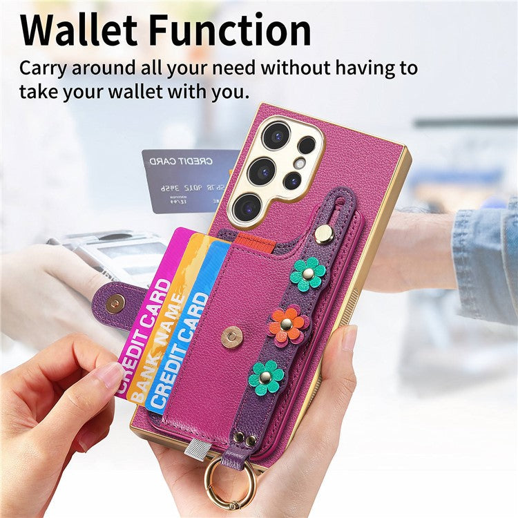 W2 Series For Samsung Galaxy S23 Ultra Case 3D Flower Leather Phone Back Cover Wristband Kickstand - Purple