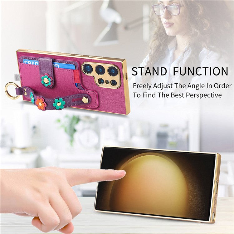 W2 Series For Samsung Galaxy S23 Ultra Case 3D Flower Leather Phone Back Cover Wristband Kickstand - Purple