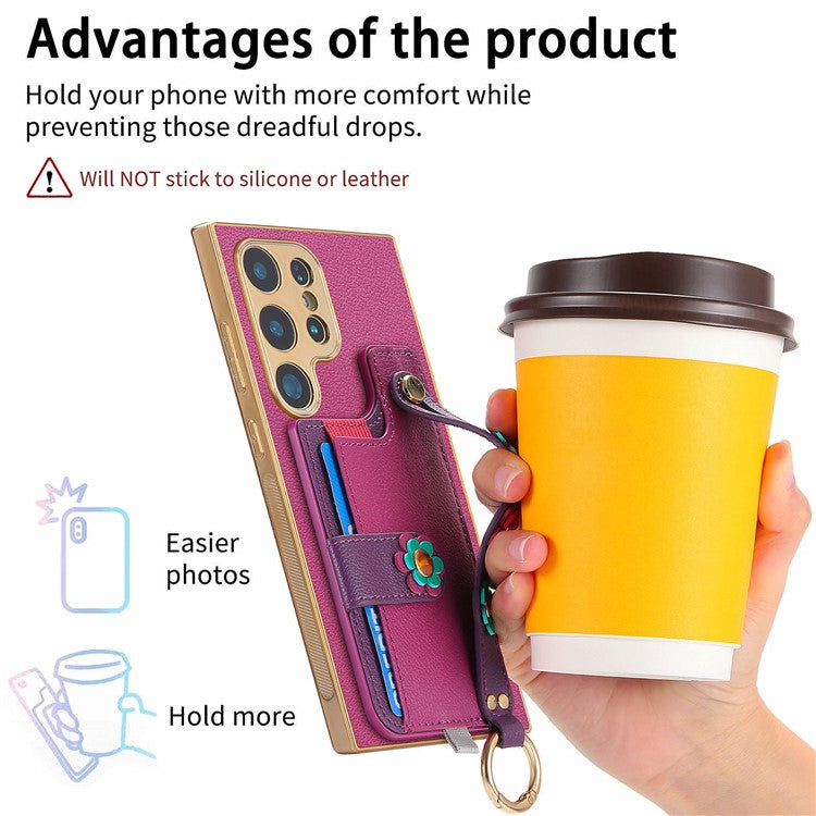 W2 Series For Samsung Galaxy S23 Ultra Case 3D Flower Leather Phone Back Cover Wristband Kickstand - Purple