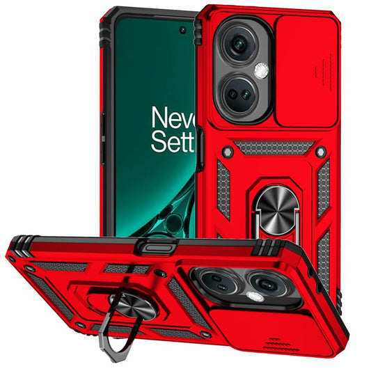 For OnePlus Nord CE3 5G Case Ring Kickstand PC+TPU Phone Protector with Slide Camera Cover - Red