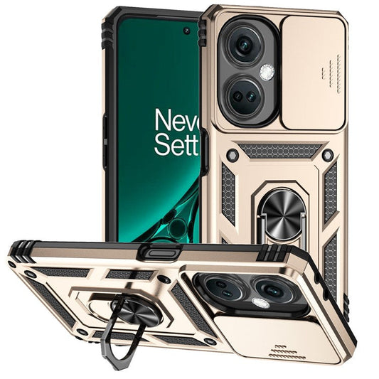 For OnePlus Nord CE3 5G Case Ring Kickstand PC+TPU Phone Protector with Slide Camera Cover - Gold
