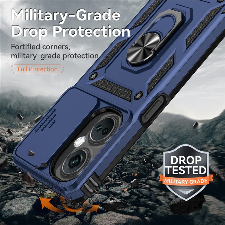 For OnePlus Nord CE3 5G Case Ring Kickstand PC+TPU Phone Protector with Slide Camera Cover - Blue