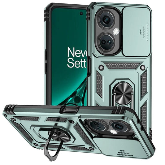 For OnePlus Nord CE3 5G Case Ring Kickstand PC+TPU Phone Protector with Slide Camera Cover - Blackish Green