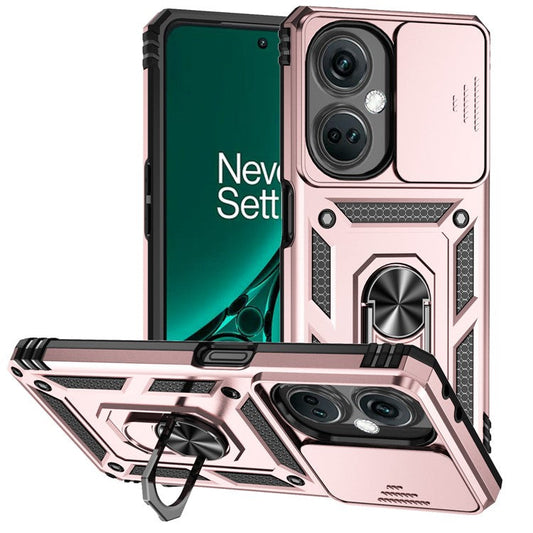 For OnePlus Nord CE3 5G Case Ring Kickstand PC+TPU Phone Protector with Slide Camera Cover - Rose Gold