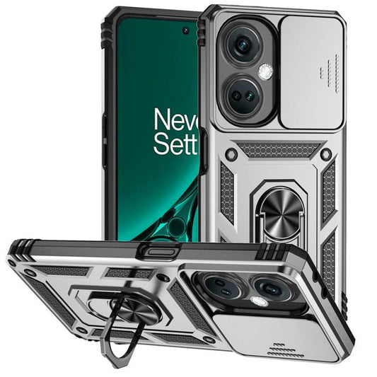 For OnePlus Nord CE3 5G Case Ring Kickstand PC+TPU Phone Protector with Slide Camera Cover - Silver
