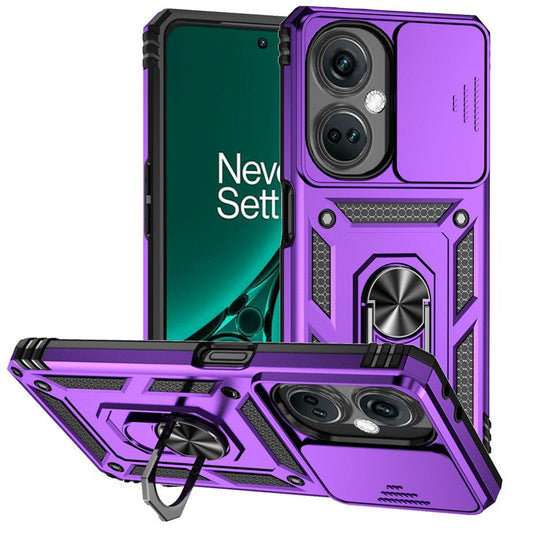 For OnePlus Nord CE3 5G Case Ring Kickstand PC+TPU Phone Protector with Slide Camera Cover - Purple
