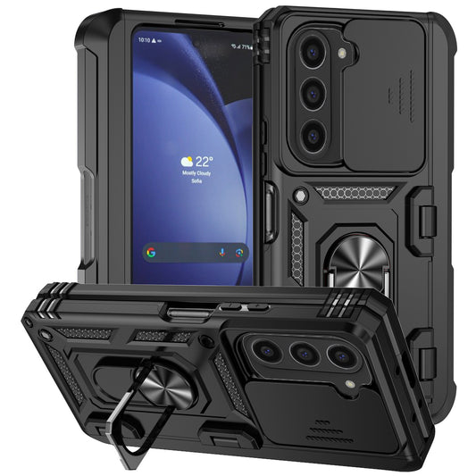 For Samsung Galaxy Z Fold6 5G Case Camera Protection PC+TPU Phone Cover Finger Ring Holder Kickstand - Black