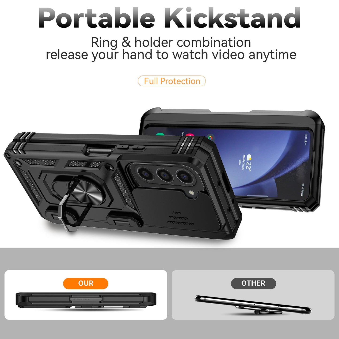 For Samsung Galaxy Z Fold6 5G Case Camera Protection PC+TPU Phone Cover Finger Ring Holder Kickstand - Black