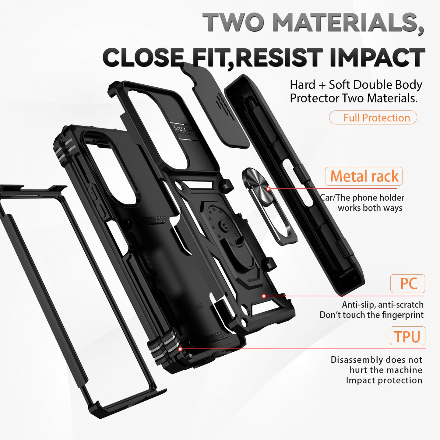 For Samsung Galaxy Z Fold6 5G Case Camera Protection PC+TPU Phone Cover Finger Ring Holder Kickstand - Black