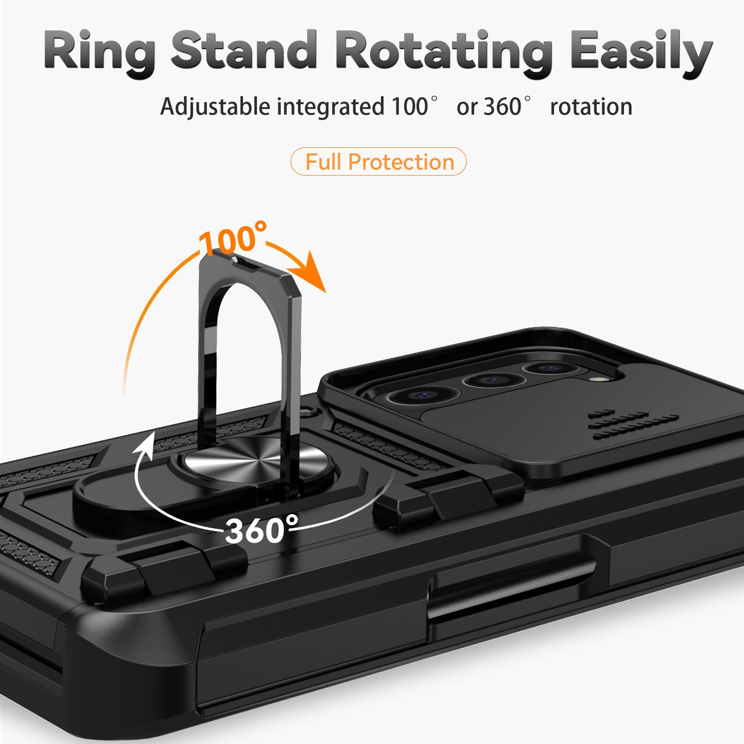 For Samsung Galaxy Z Fold6 5G Case Camera Protection PC+TPU Phone Cover Finger Ring Holder Kickstand - Black