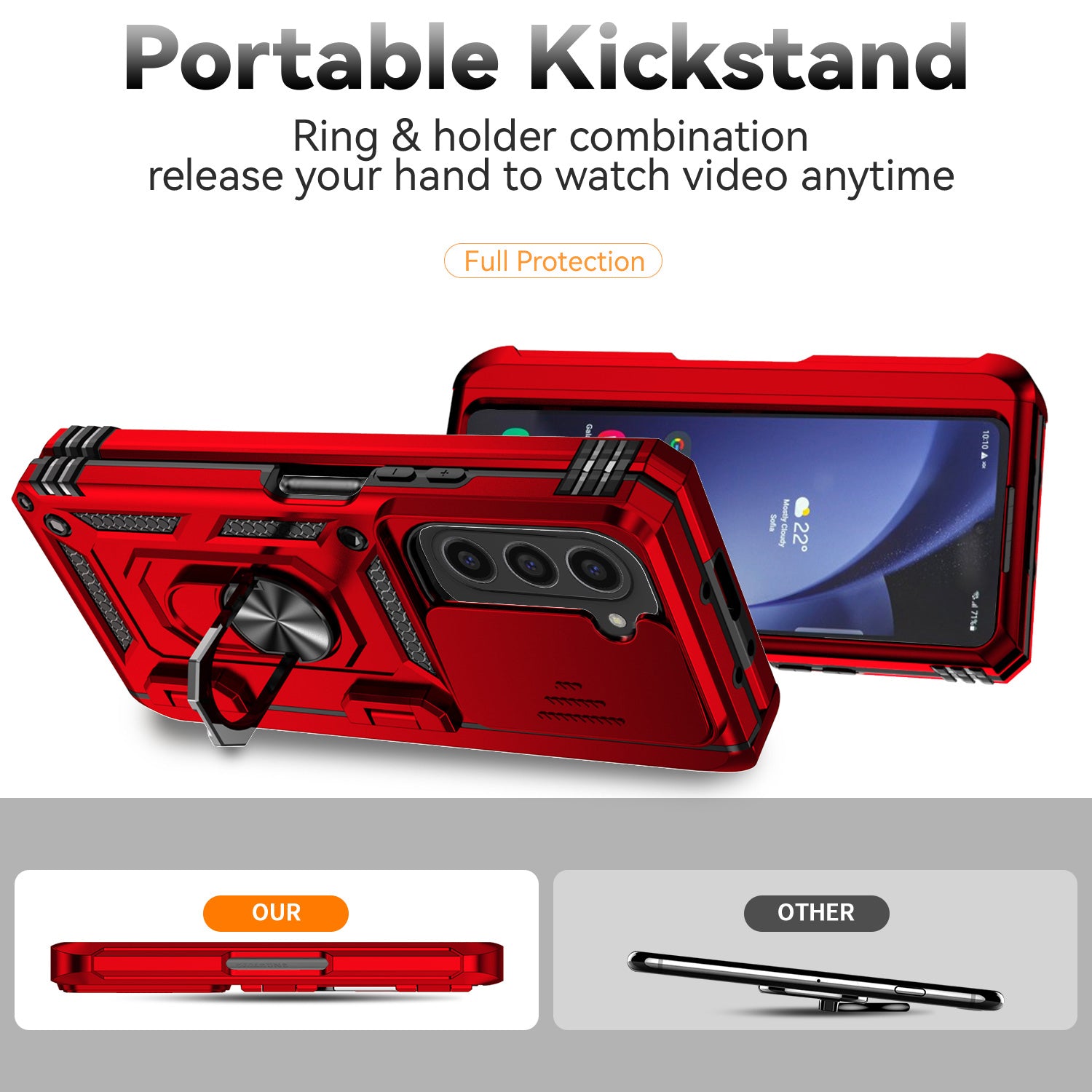 For Samsung Galaxy Z Fold6 5G Case Camera Protection PC+TPU Phone Cover Finger Ring Holder Kickstand - Red