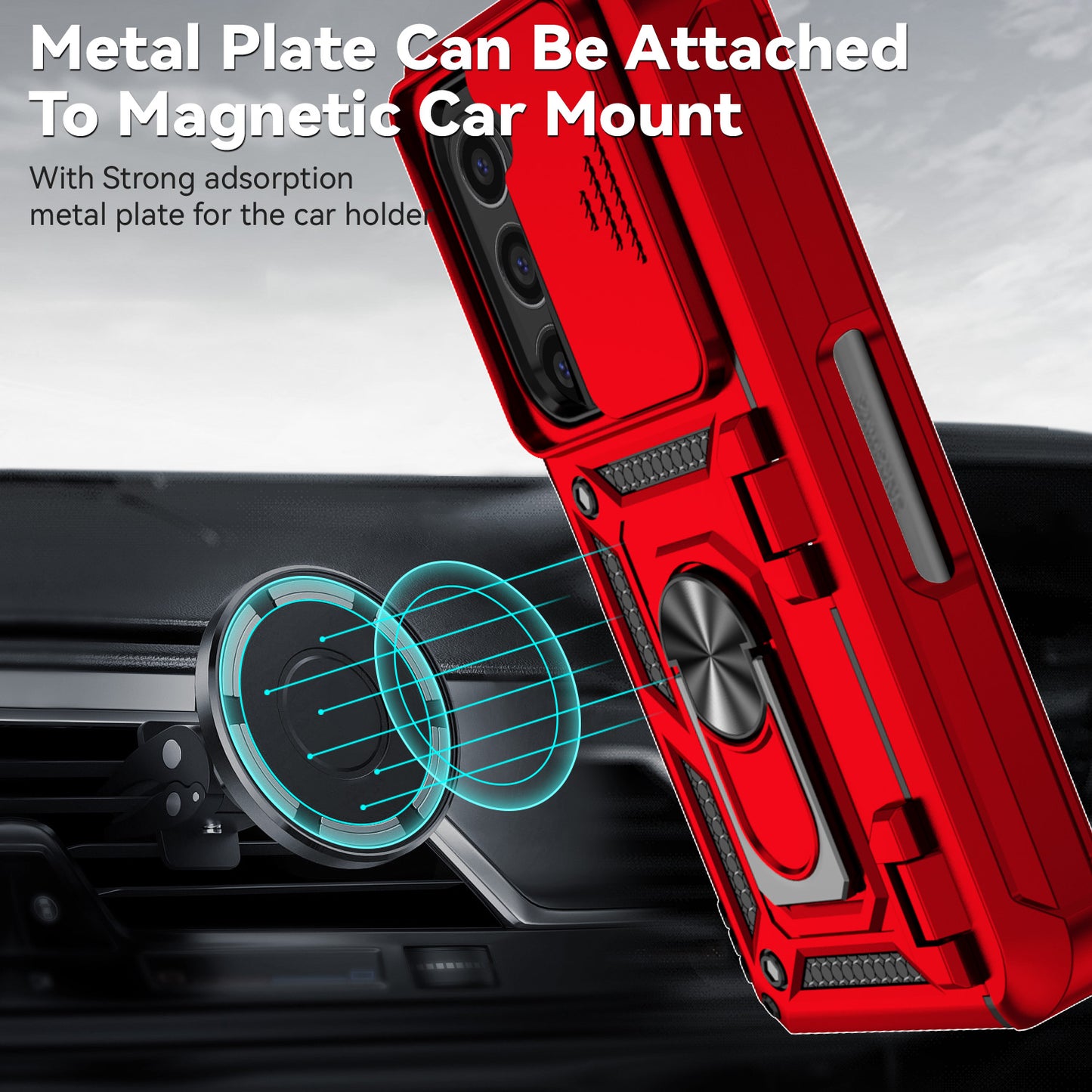 For Samsung Galaxy Z Fold6 5G Case Camera Protection PC+TPU Phone Cover Finger Ring Holder Kickstand - Red