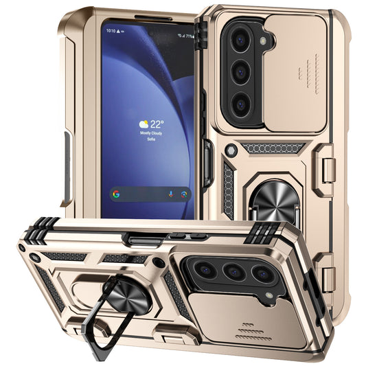 For Samsung Galaxy Z Fold6 5G Case Camera Protection PC+TPU Phone Cover Finger Ring Holder Kickstand - Gold
