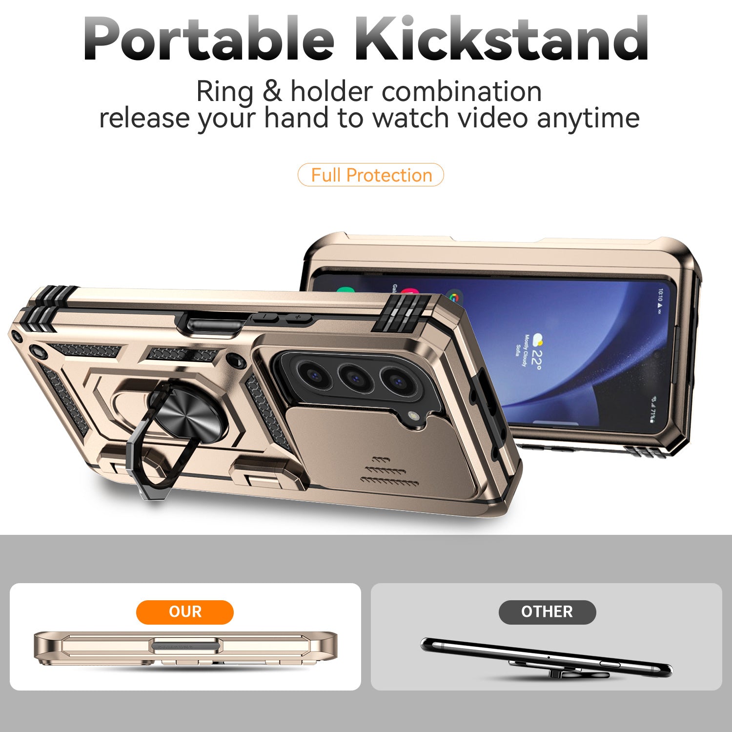 For Samsung Galaxy Z Fold6 5G Case Camera Protection PC+TPU Phone Cover Finger Ring Holder Kickstand - Gold