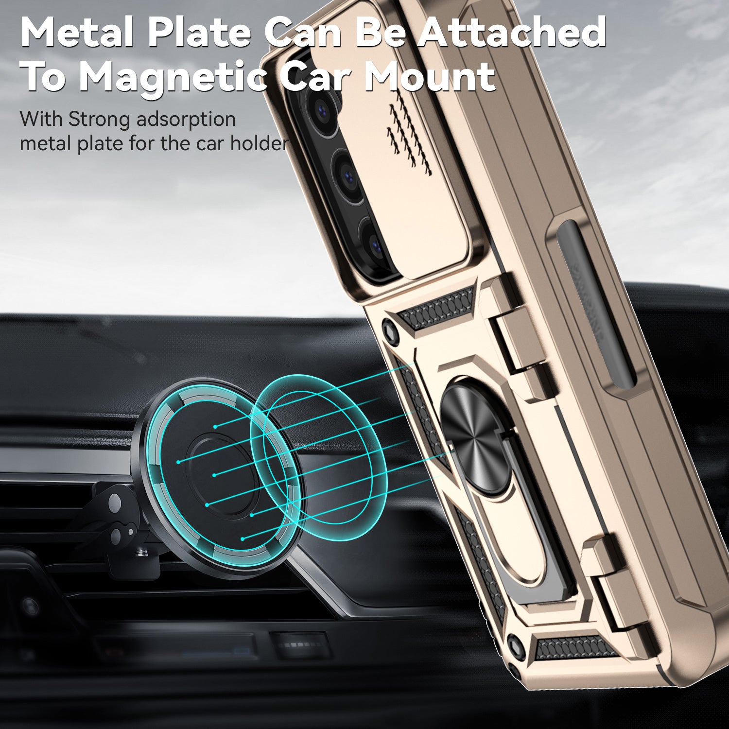 For Samsung Galaxy Z Fold6 5G Case Camera Protection PC+TPU Phone Cover Finger Ring Holder Kickstand - Gold