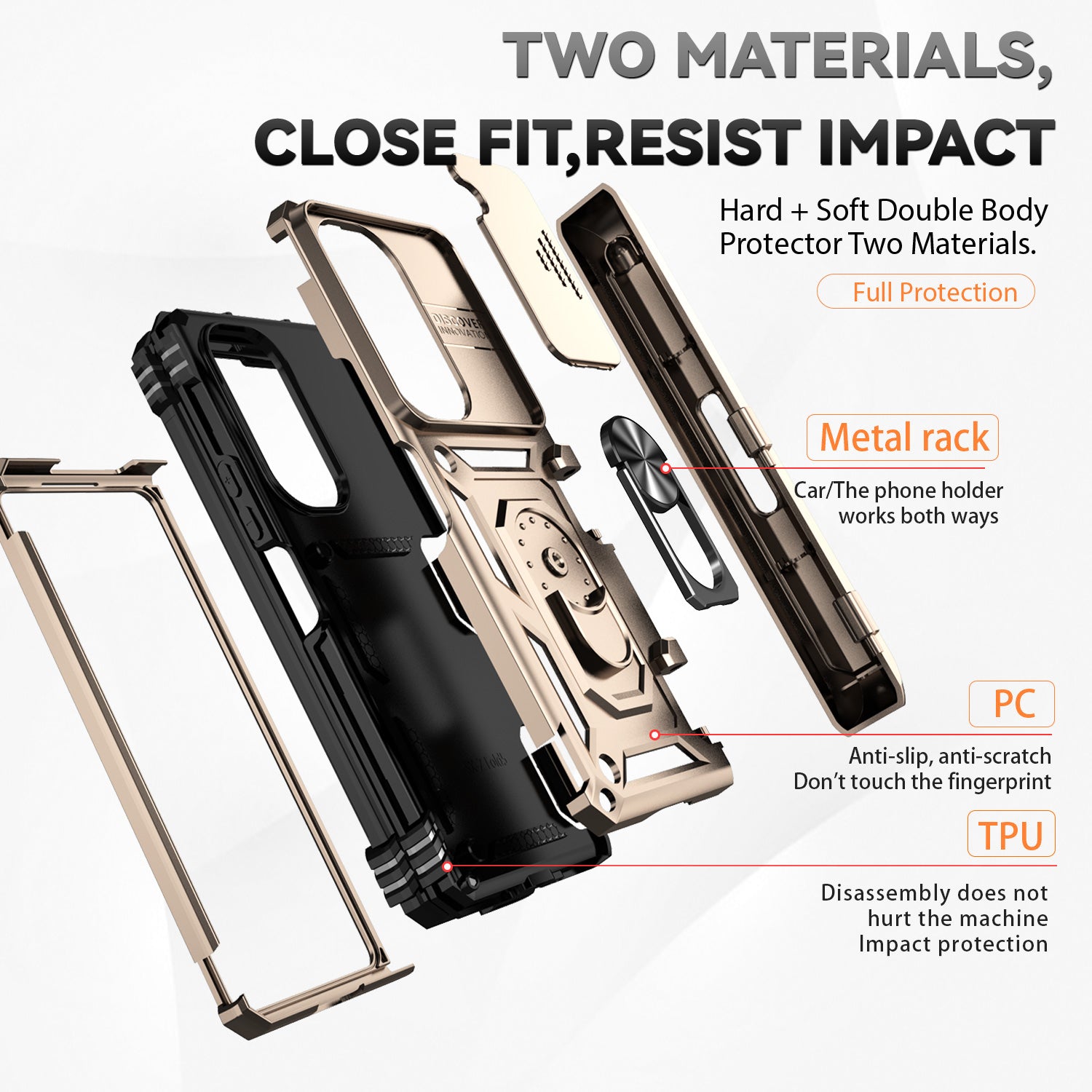 For Samsung Galaxy Z Fold6 5G Case Camera Protection PC+TPU Phone Cover Finger Ring Holder Kickstand - Gold
