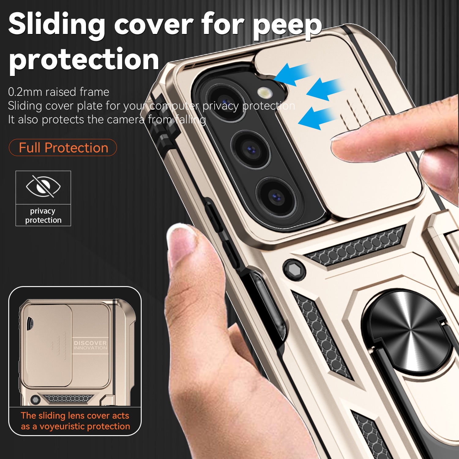 For Samsung Galaxy Z Fold6 5G Case Camera Protection PC+TPU Phone Cover Finger Ring Holder Kickstand - Gold