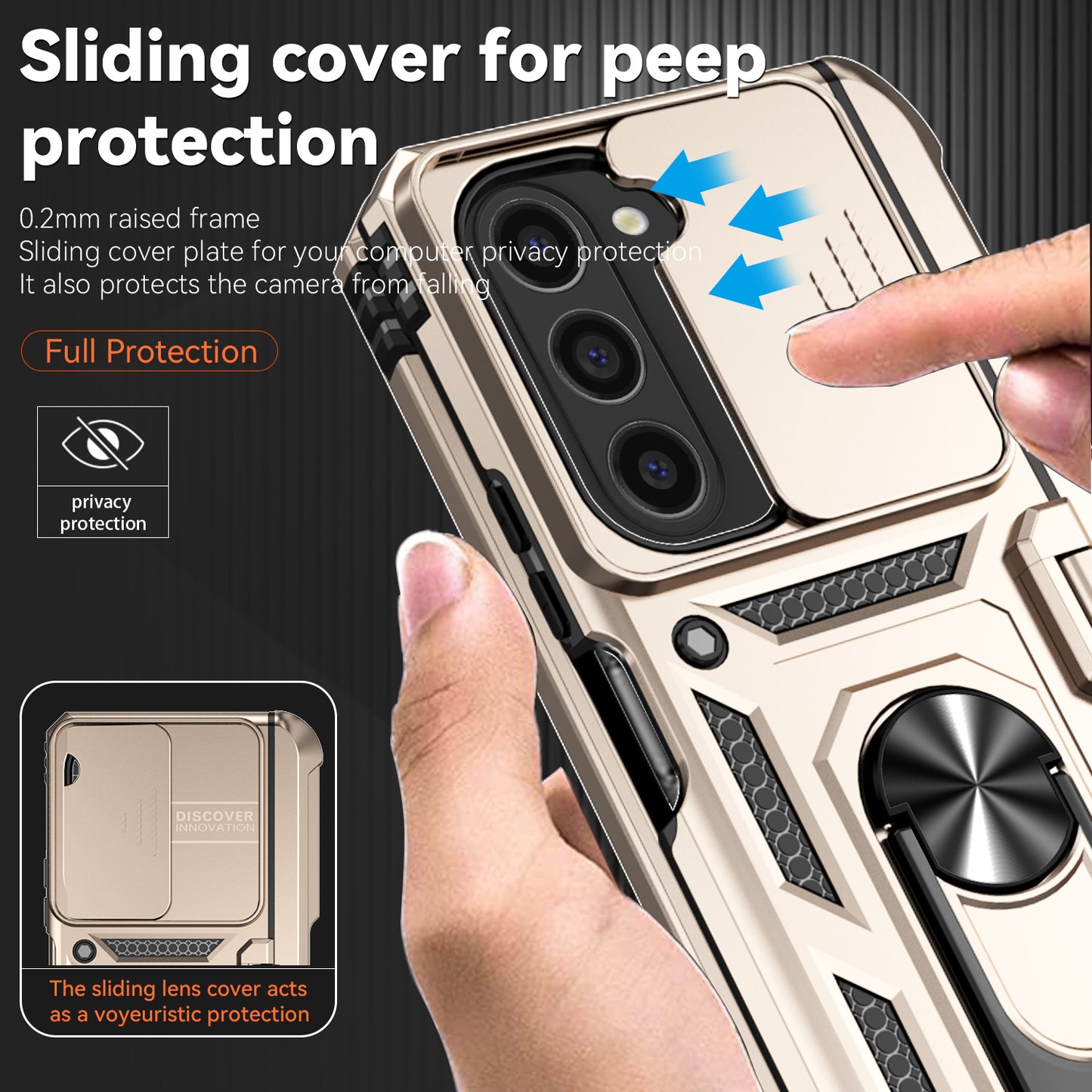 For Samsung Galaxy Z Fold6 5G Case Camera Protection PC+TPU Phone Cover Finger Ring Holder Kickstand - Gold