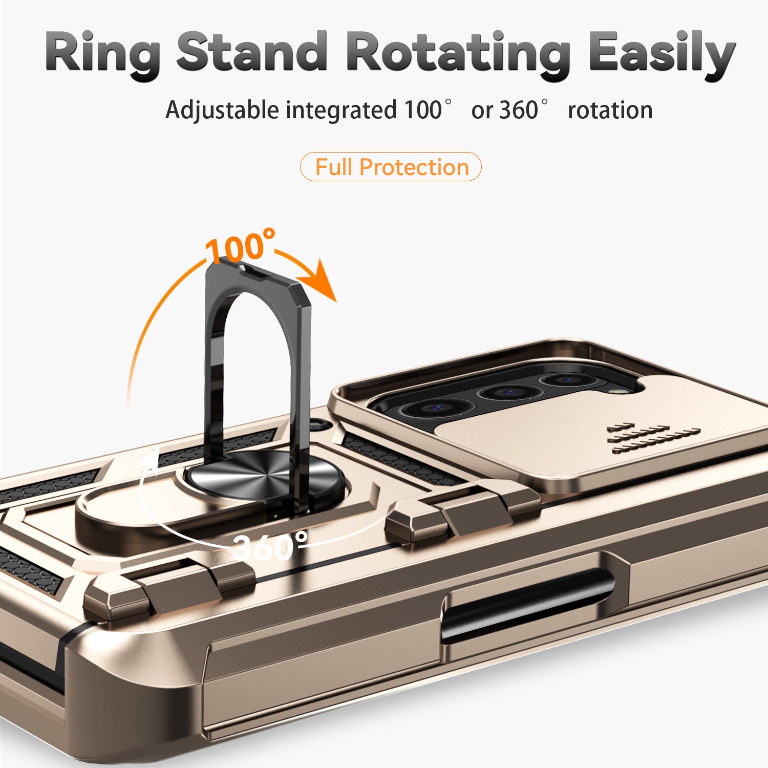 For Samsung Galaxy Z Fold6 5G Case Camera Protection PC+TPU Phone Cover Finger Ring Holder Kickstand - Gold