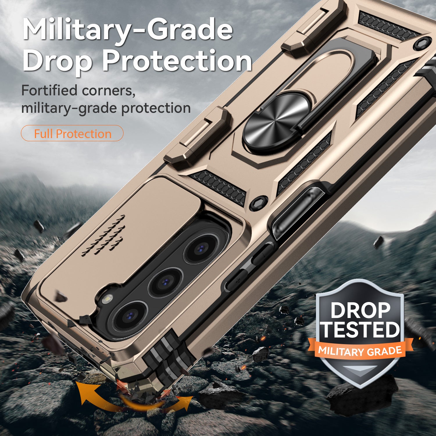 For Samsung Galaxy Z Fold6 5G Case Camera Protection PC+TPU Phone Cover Finger Ring Holder Kickstand - Gold