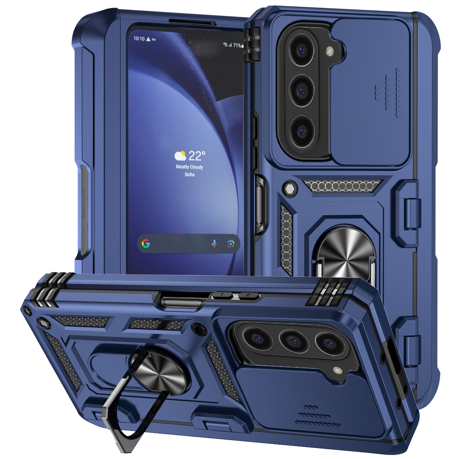 For Samsung Galaxy Z Fold6 5G Case Camera Protection PC+TPU Phone Cover Finger Ring Holder Kickstand - Blue