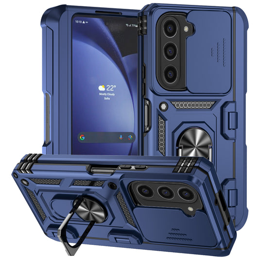 For Samsung Galaxy Z Fold6 5G Case Camera Protection PC+TPU Phone Cover Finger Ring Holder Kickstand - Blue