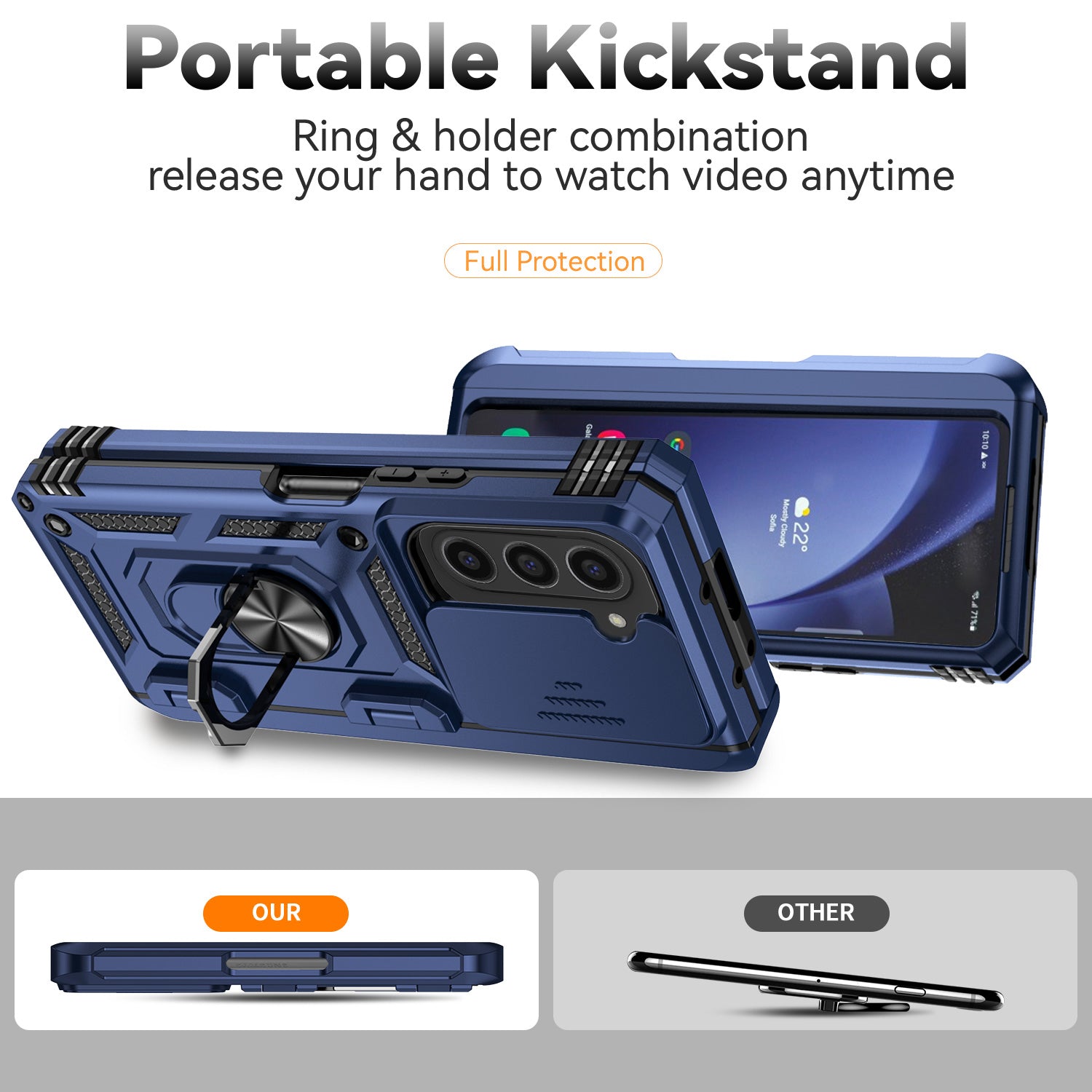 For Samsung Galaxy Z Fold6 5G Case Camera Protection PC+TPU Phone Cover Finger Ring Holder Kickstand - Blue