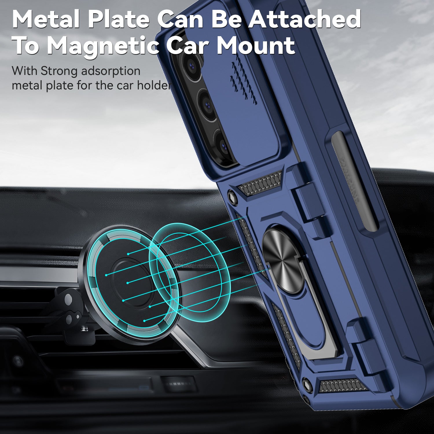 For Samsung Galaxy Z Fold6 5G Case Camera Protection PC+TPU Phone Cover Finger Ring Holder Kickstand - Blue