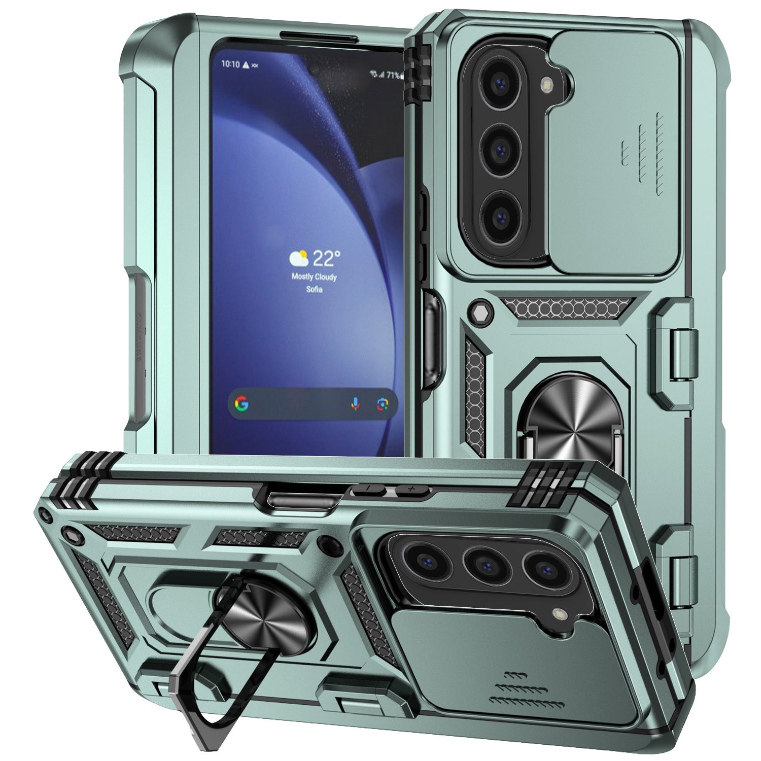 For Samsung Galaxy Z Fold6 5G Case Camera Protection PC+TPU Phone Cover Finger Ring Holder Kickstand - Blackish Green