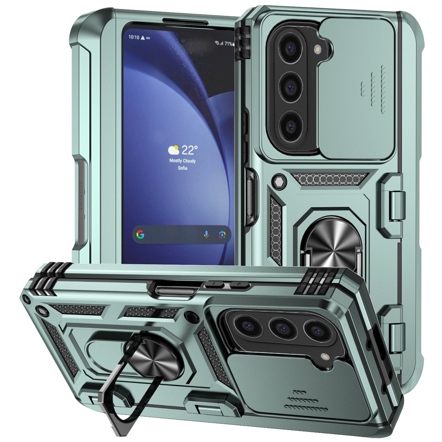 For Samsung Galaxy Z Fold6 5G Case Camera Protection PC+TPU Phone Cover Finger Ring Holder Kickstand - Blackish Green