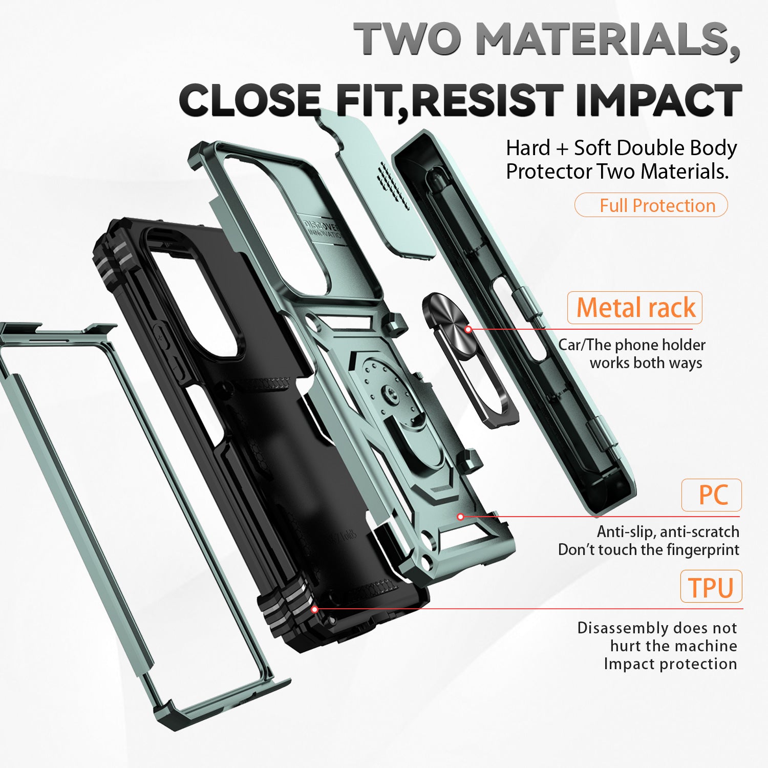 For Samsung Galaxy Z Fold6 5G Case Camera Protection PC+TPU Phone Cover Finger Ring Holder Kickstand - Blackish Green