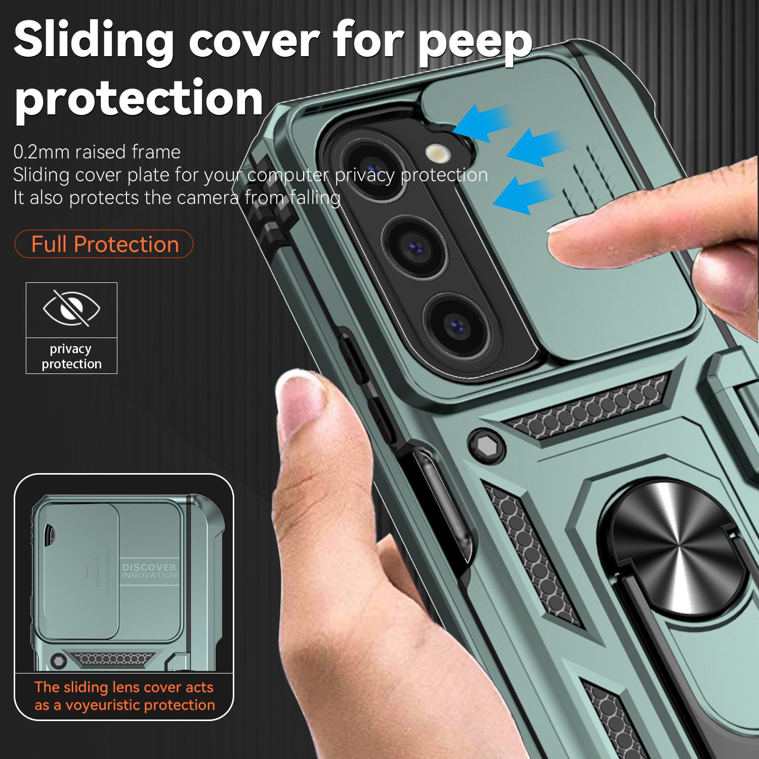 For Samsung Galaxy Z Fold6 5G Case Camera Protection PC+TPU Phone Cover Finger Ring Holder Kickstand - Blackish Green
