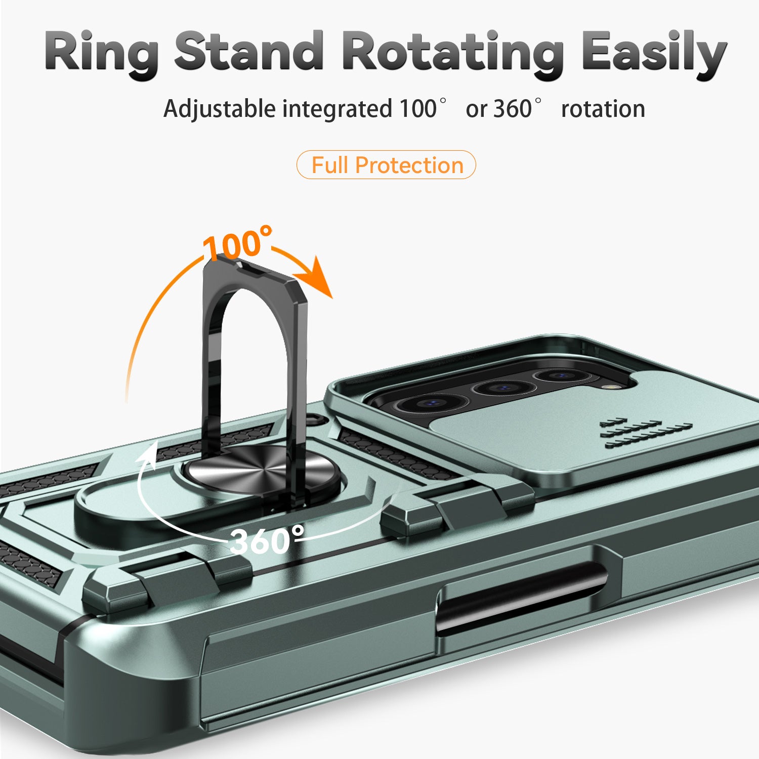 For Samsung Galaxy Z Fold6 5G Case Camera Protection PC+TPU Phone Cover Finger Ring Holder Kickstand - Blackish Green