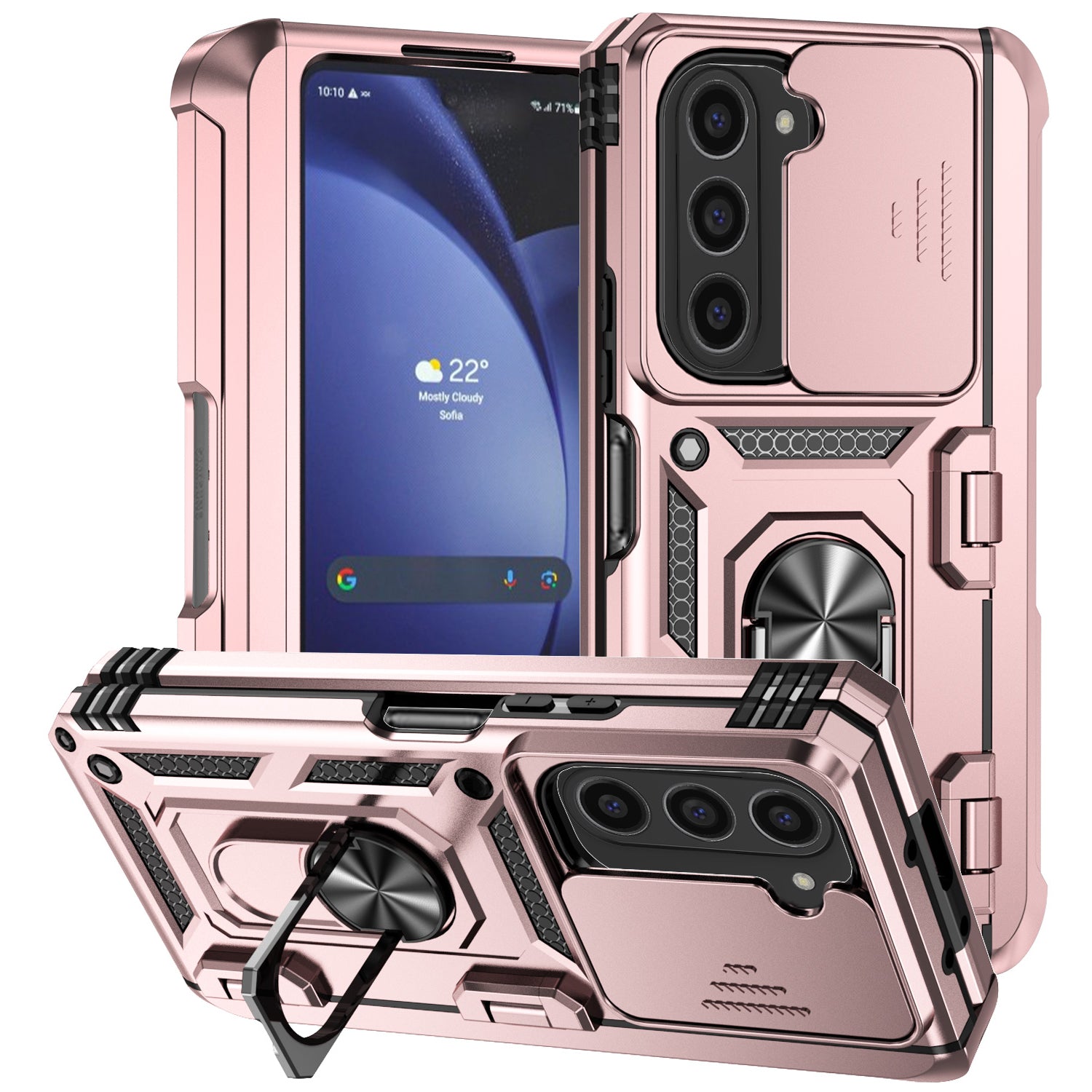 For Samsung Galaxy Z Fold6 5G Case Camera Protection PC+TPU Phone Cover Finger Ring Holder Kickstand - Rose Gold