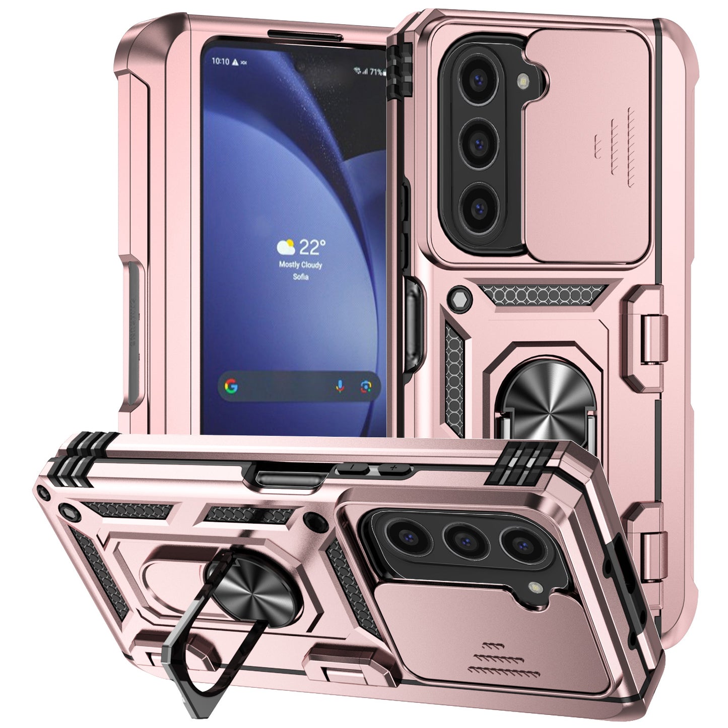 For Samsung Galaxy Z Fold6 5G Case Camera Protection PC+TPU Phone Cover Finger Ring Holder Kickstand - Rose Gold