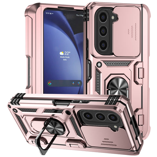 For Samsung Galaxy Z Fold6 5G Case Camera Protection PC+TPU Phone Cover Finger Ring Holder Kickstand - Rose Gold