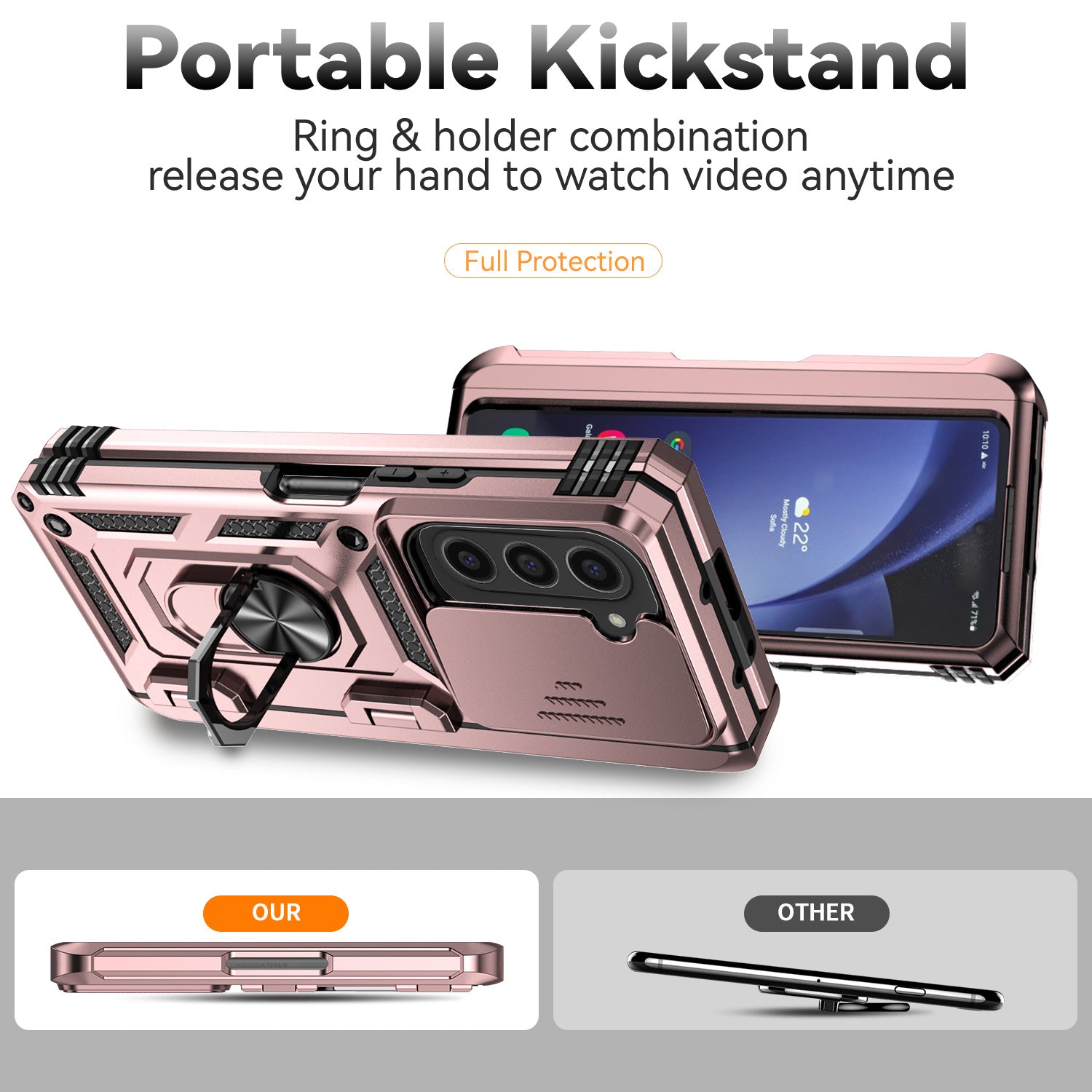 For Samsung Galaxy Z Fold6 5G Case Camera Protection PC+TPU Phone Cover Finger Ring Holder Kickstand - Rose Gold
