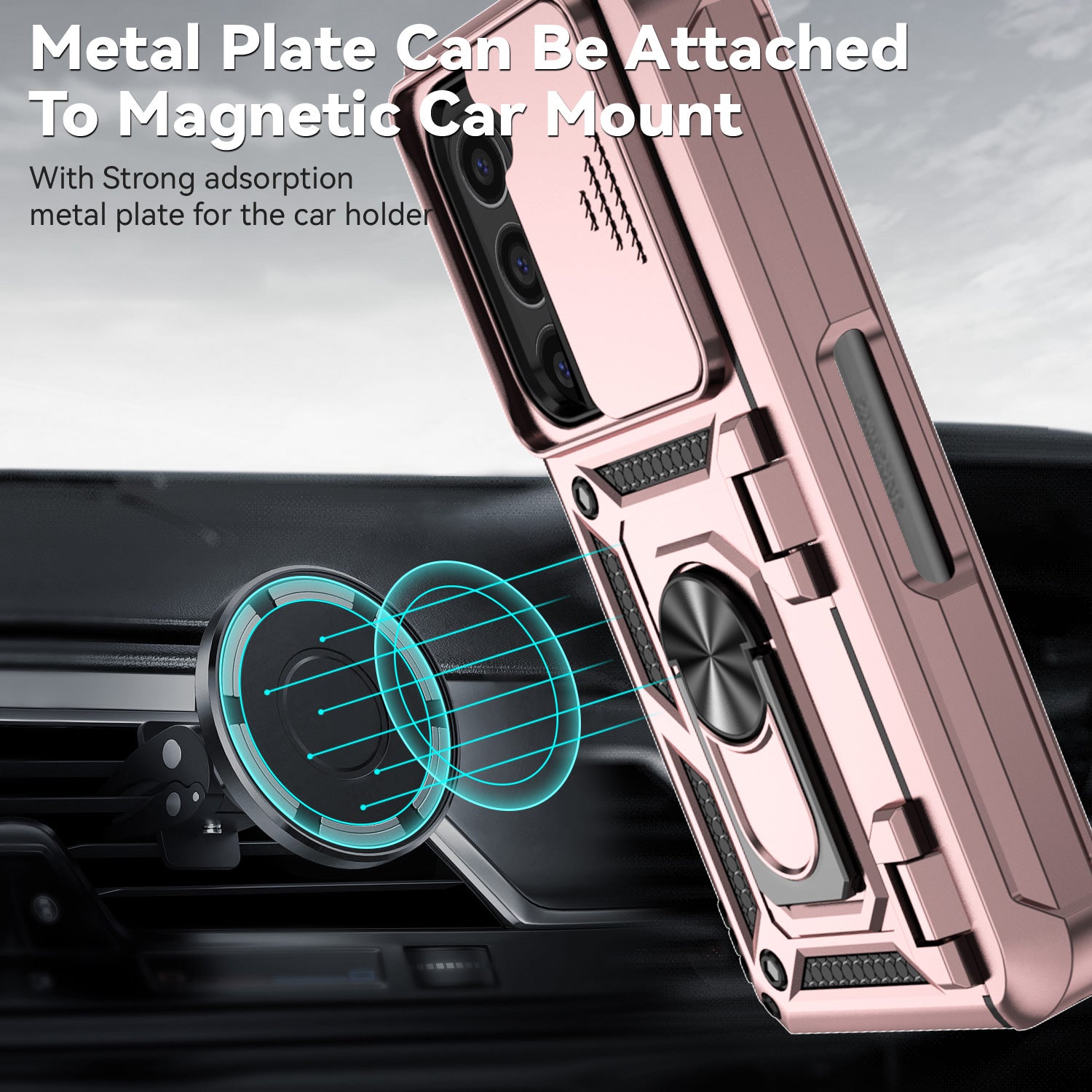 For Samsung Galaxy Z Fold6 5G Case Camera Protection PC+TPU Phone Cover Finger Ring Holder Kickstand - Rose Gold
