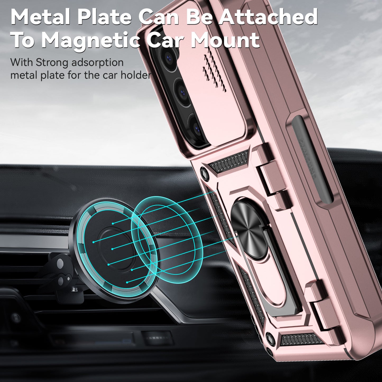 For Samsung Galaxy Z Fold6 5G Case Camera Protection PC+TPU Phone Cover Finger Ring Holder Kickstand - Rose Gold