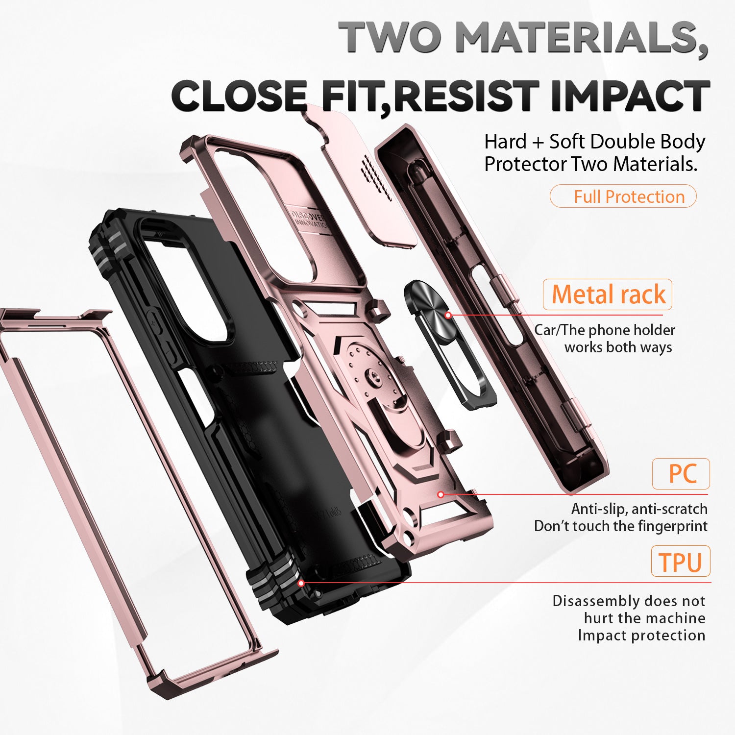 For Samsung Galaxy Z Fold6 5G Case Camera Protection PC+TPU Phone Cover Finger Ring Holder Kickstand - Rose Gold