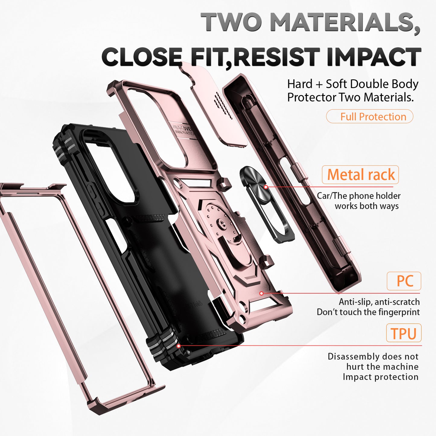 For Samsung Galaxy Z Fold6 5G Case Camera Protection PC+TPU Phone Cover Finger Ring Holder Kickstand - Rose Gold